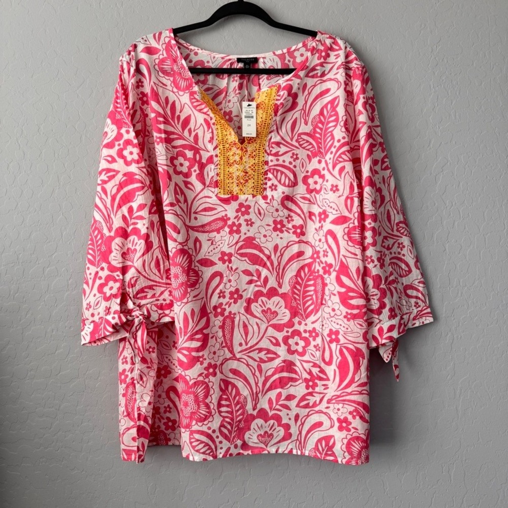 NWT Talbots 2X Tunic Pink 3/4 Sleeve Floral Embroidered Eyelet Tie Cuff PlusSize